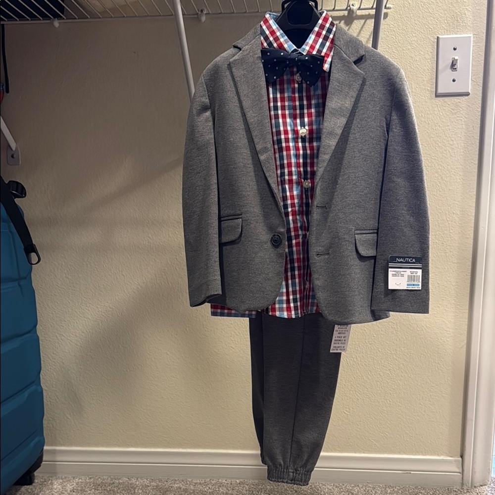 Nautica Charcoal Blazer with Checkered Shirt and Bow Tie